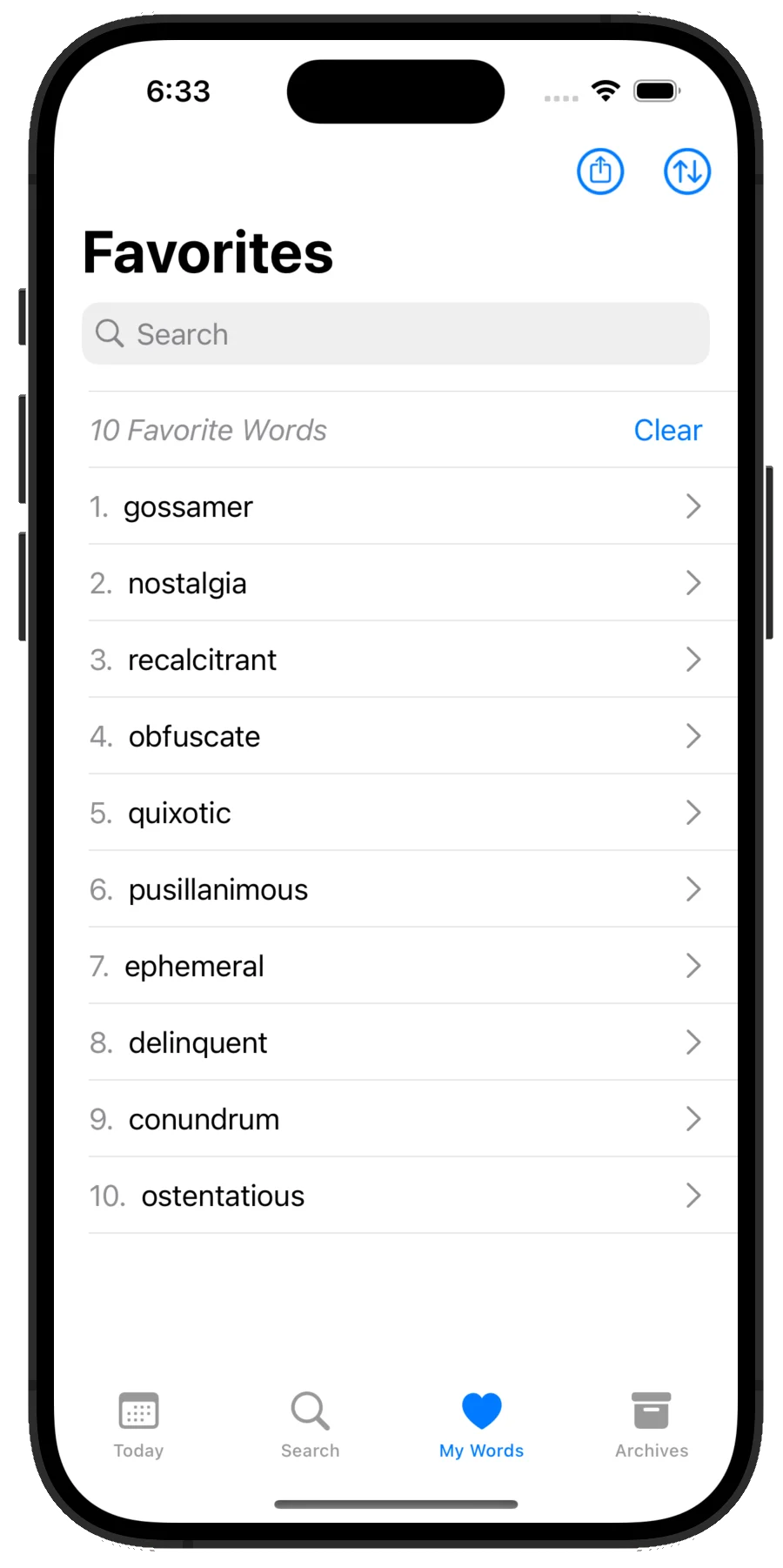 Favorites Screen of Vocabulist app