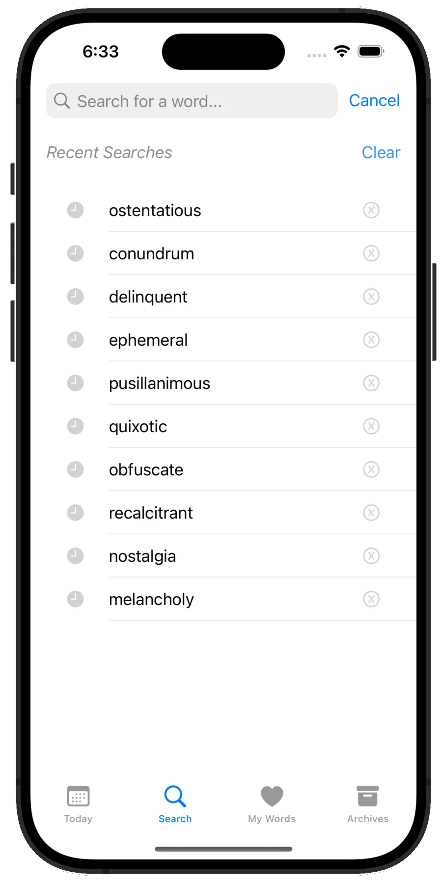 Search Screen of Vocabulist app